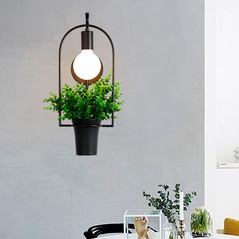 Luz de montaje de pared de forma geométrica 1 cabeza 1 cabezal lámpara de pared de hierro con decoración de plantas en negro