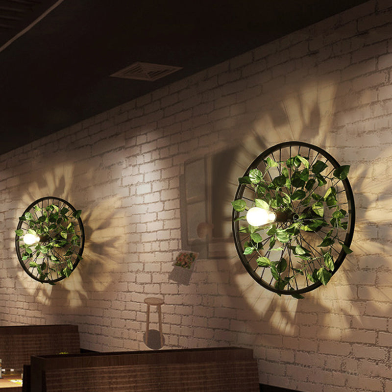 Luz de montaje de pared de forma geométrica 1 cabeza 1 cabezal lámpara de pared de hierro con decoración de plantas en negro
