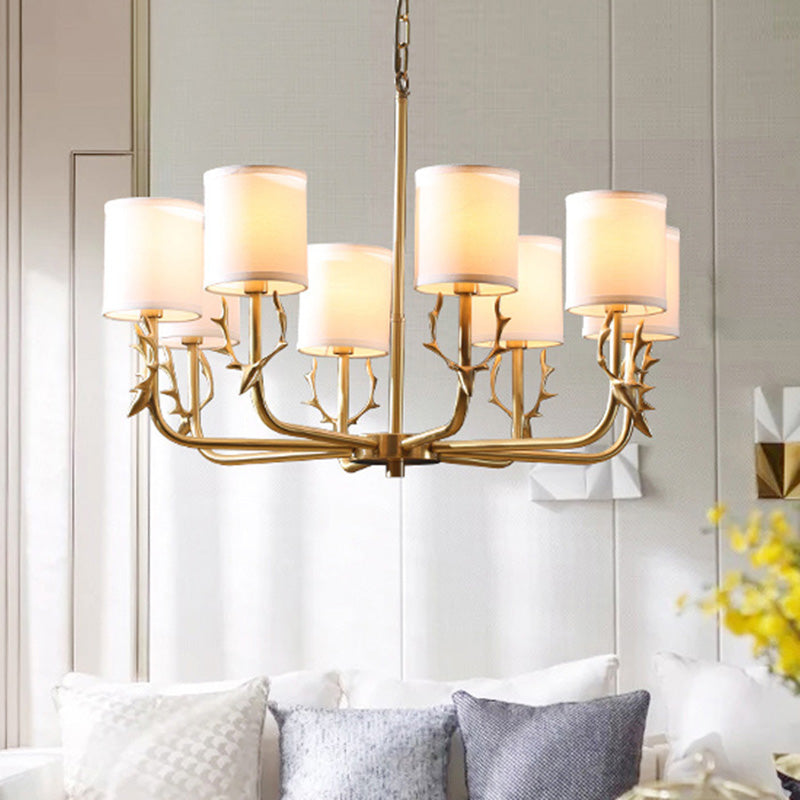 Modern Cylinder Shaped Suspension Light Fabric Living Room Chandelier Light Fixture with Antler Decor