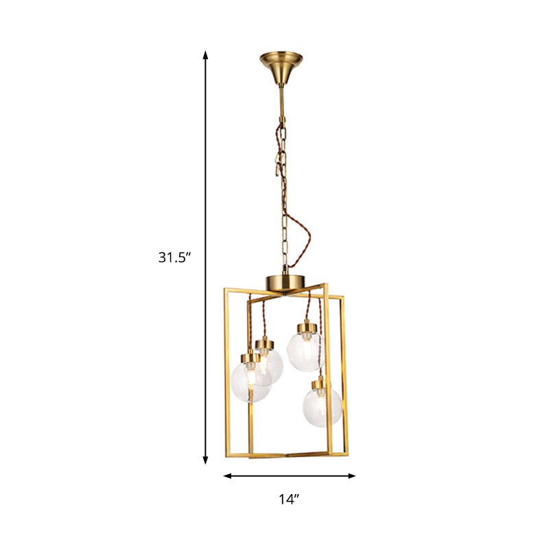 Brass 3/4 Lights Chandelier Light Fixture Traditional Clear Glass and Metal Rectangle Pendant Lamp