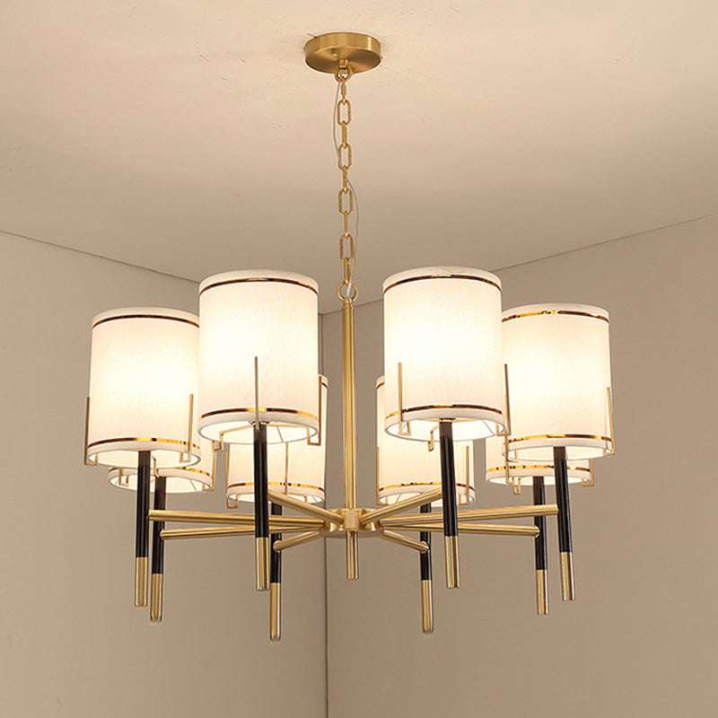 Cylindrical Shape Fabric Ceiling Lighting Modern Gold Chandelier Light Fixture for Living Room