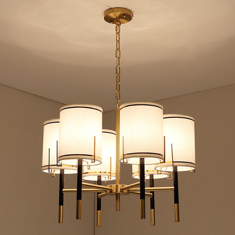 Cylindrical Shape Fabric Ceiling Lighting Modern Gold Chandelier Light Fixture for Living Room