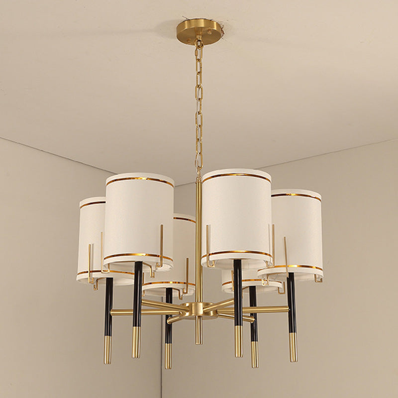 Cylindrical Shape Fabric Ceiling Lighting Modern Gold Chandelier Light Fixture for Living Room