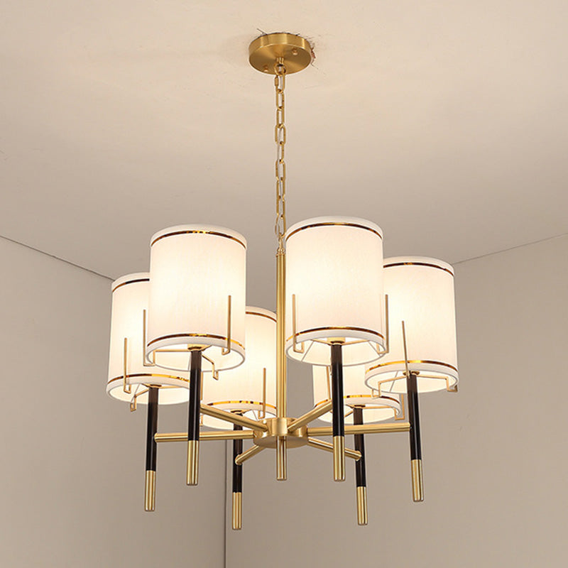 Cylindrical Shape Fabric Ceiling Lighting Modern Gold Chandelier Light Fixture for Living Room
