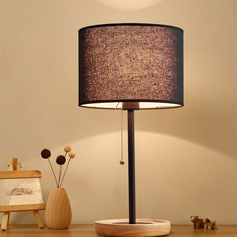 Drum Shaped Study Room Table Lighting Fabric 1��Head Minimalist Nightstand Lamp with Pull Chain