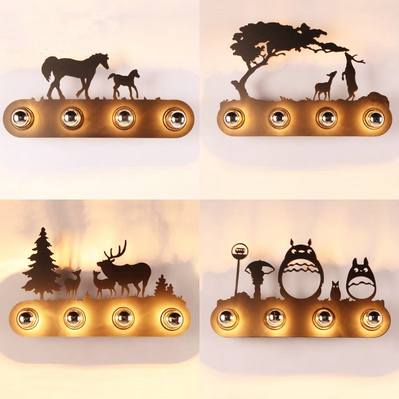 Metallic Silhouette Wall Mount Light Decorative 4 Heads Rust Wall Lighting for Restaurant