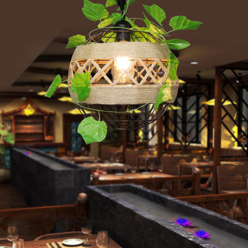 1-Light Iron Plant Hanging Lamp Vintage Beige Globe Restaurant Lighting Pendant with Rope Detail