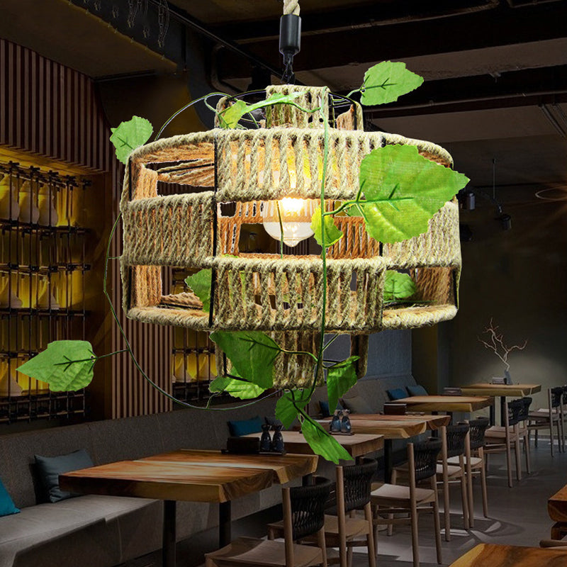 Lantern Shaped Restaurant Pendant Light Antique Hemp Rope 1-Light Beige Hanging Light Fixture with Artificial Ivy