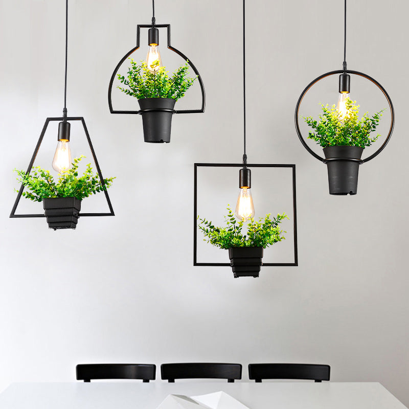 Vintage Geometric Hanging Lamp Single-Bulb Iron Lighting Pendant with Artificial Plant in Black