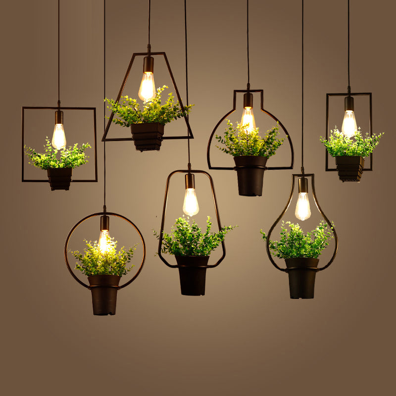 Vintage Geometric Hanging Lamp Single-Bulb Iron Lighting Pendant with Artificial Plant in Black