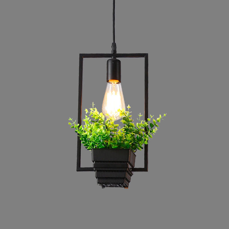 Vintage Geometric Hanging Lamp Single-Bulb Iron Lighting Pendant with Artificial Plant in Black