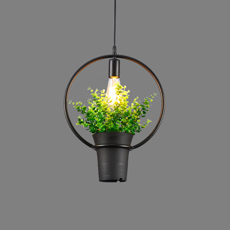 Vintage Geometric Hanging Lamp Single-Bulb Iron Lighting Pendant with Artificial Plant in Black