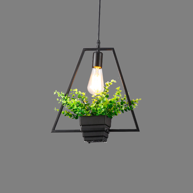 Vintage Geometric Hanging Lamp Single-Bulb Iron Lighting Pendant with Artificial Plant in Black