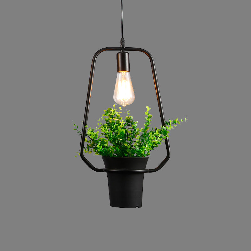Vintage Geometric Hanging Lamp Single-Bulb Iron Lighting Pendant with Artificial Plant in Black