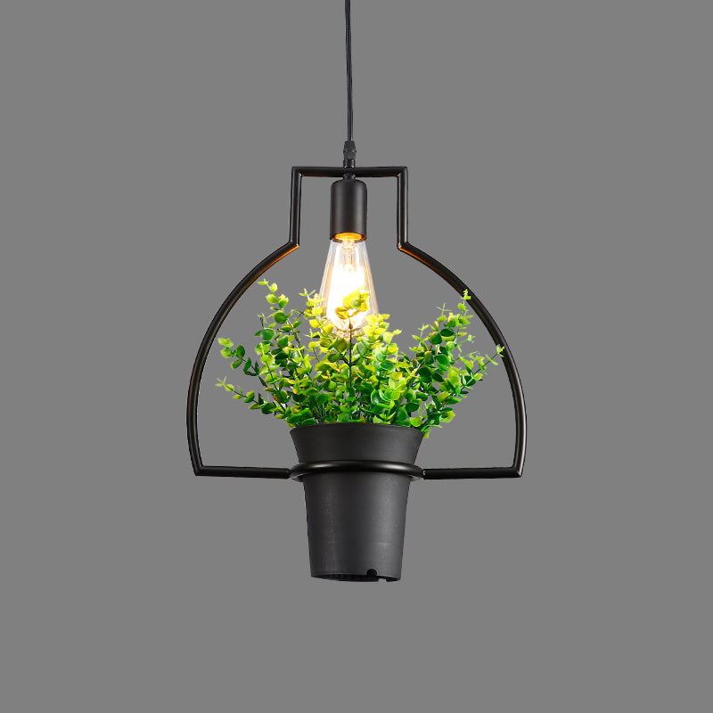 Vintage Geometric Hanging Lamp Single-Bulb Iron Lighting Pendant with Artificial Plant in Black