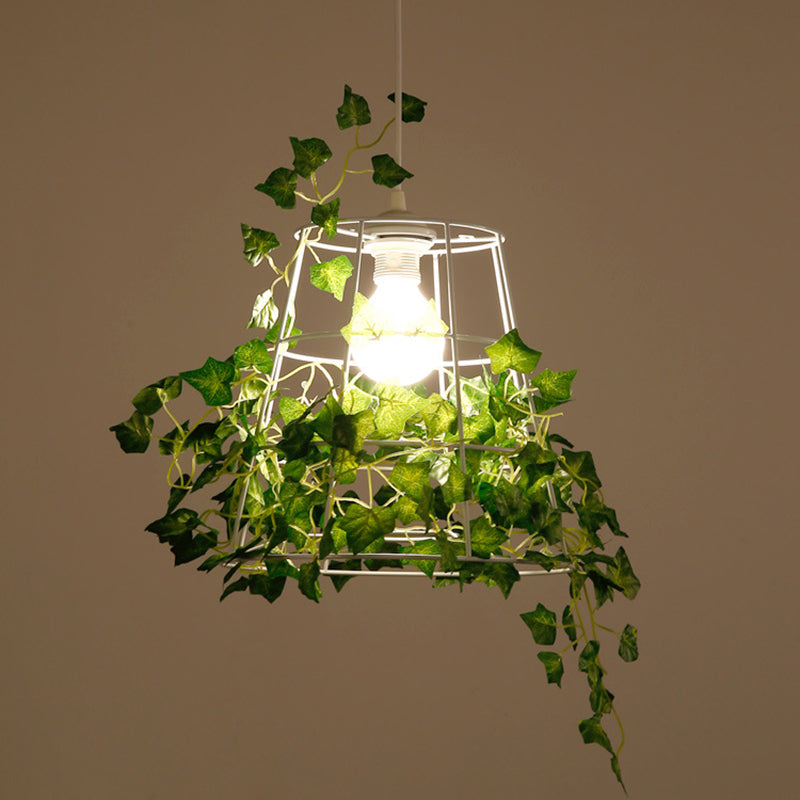 Iron Tapered Cage Suspension Lighting Retro 1 Head Dining Room Pendant Ceiling Light with Decorative Ivy in Green
