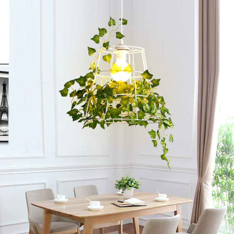 Iron Tapered Cage Suspension Lighting Retro 1 Head Dining Room Pendant Ceiling Light with Decorative Ivy in Green