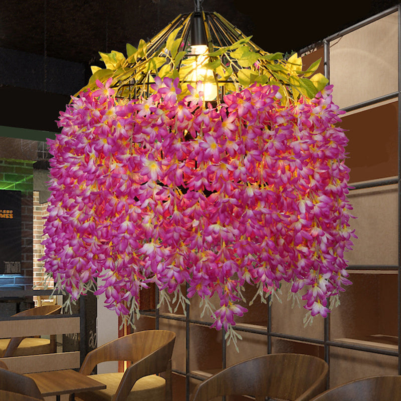 Iron Birdcage Hanging Light Rustic 1 Bulb Restaurant Pendant Light Fixture with Artificial Flower