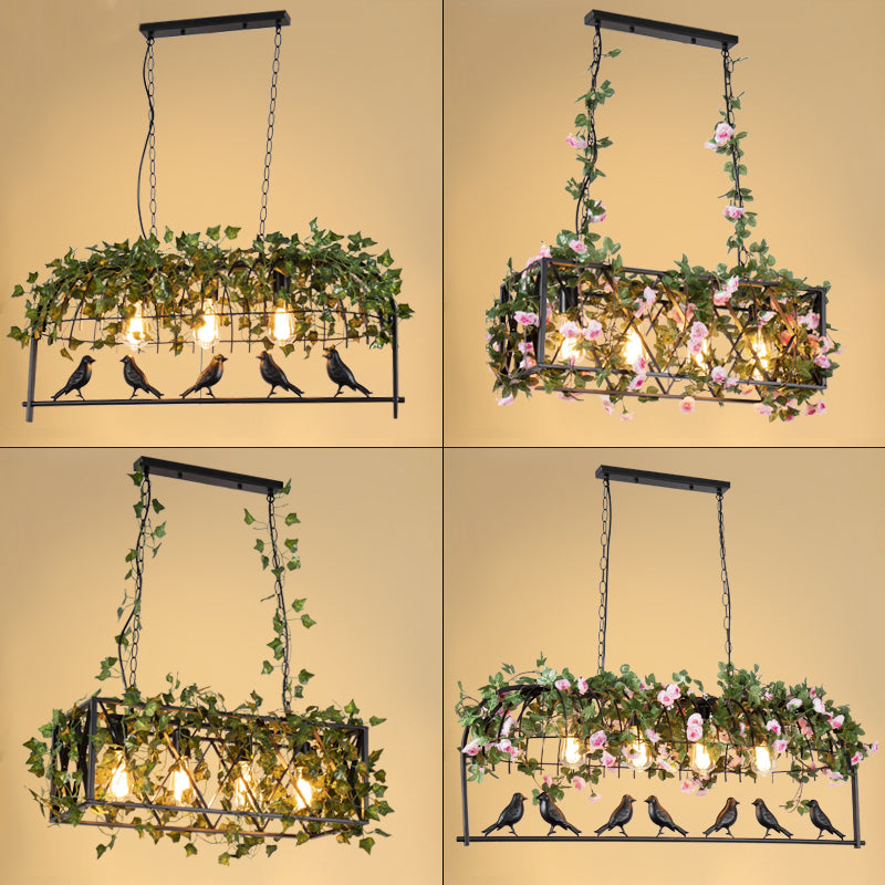 Bird Cage Iron Hanging Light Vintage Restaurant Island Pendant Light with Decorative Plant
