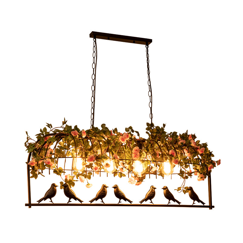 Bird Cage Iron Hanging Light Vintage Restaurant Island Pendant Light with Decorative Plant
