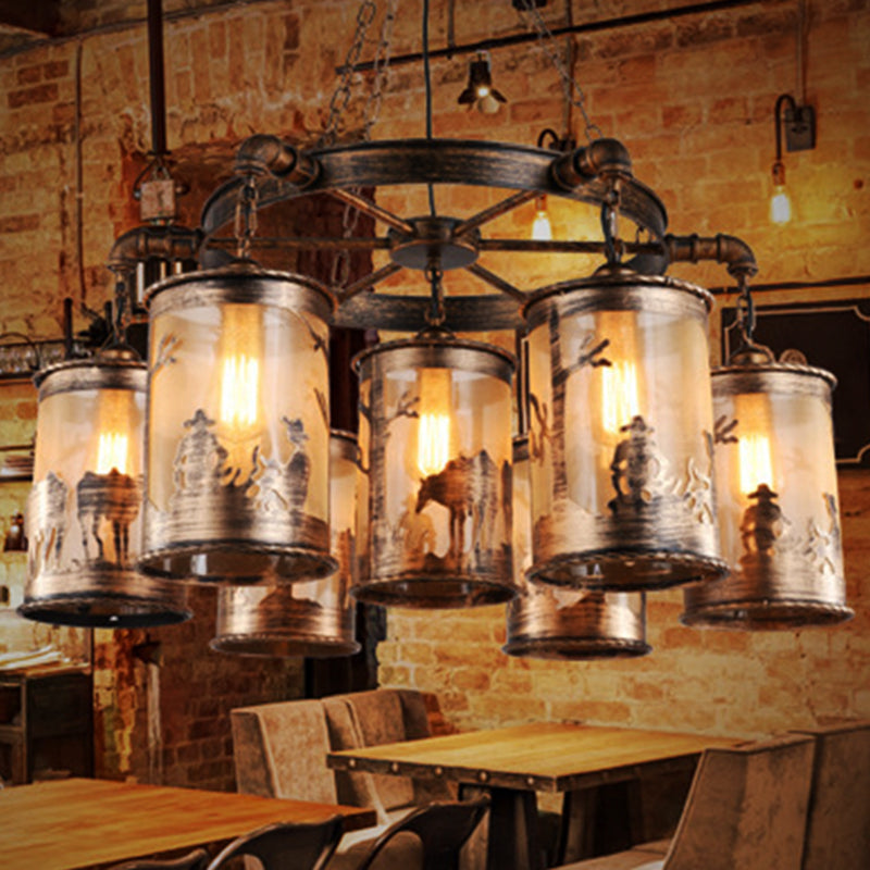 Antiquise Bronze Cylinder Shade Chandelier Lampe Coastal Metal and Fabric 5/7 Lumières Salon Hanging Light