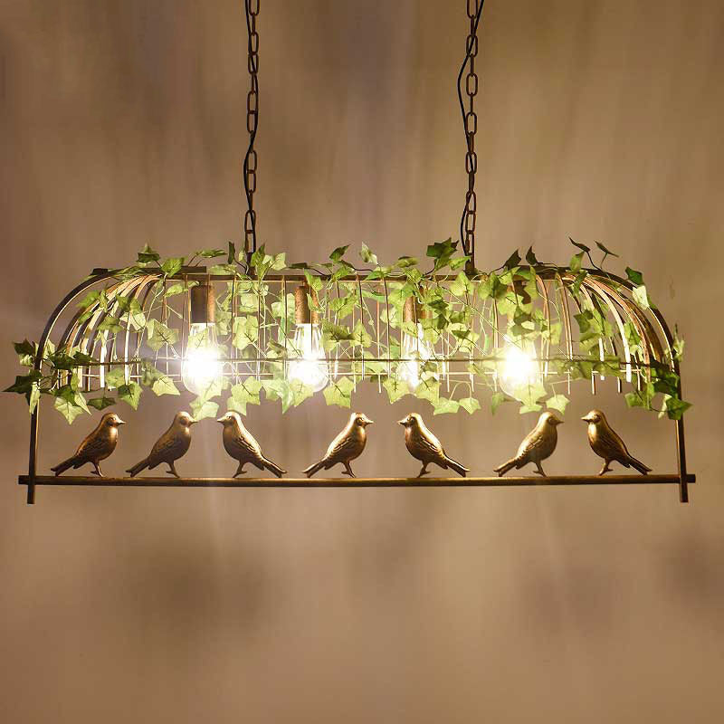 Rustic Birdcage Island Light Fixture Metallic Ceiling Pendant Light with Artificial Ivy for Restaurant