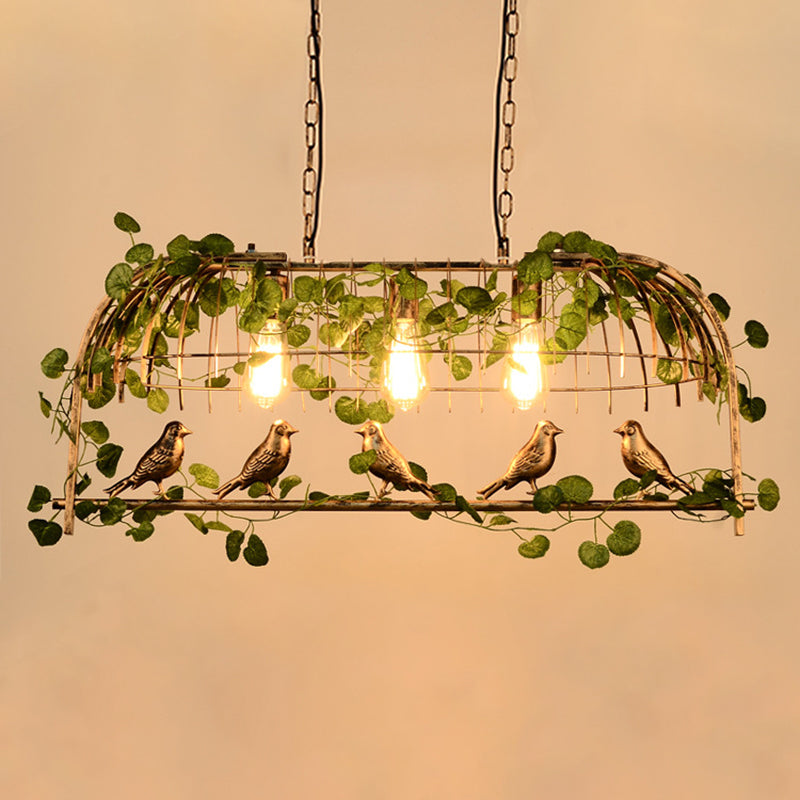 Rustic Birdcage Island Light Fixture Metallic Ceiling Pendant Light with Artificial Ivy for Restaurant