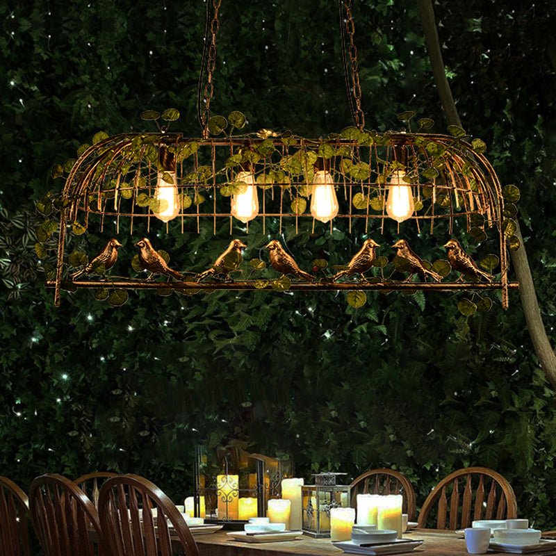 Rustic Birdcage Island Light Fixture Metallic Ceiling Pendant Light with Artificial Ivy for Restaurant