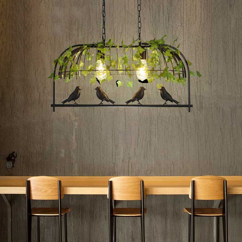 Rustic Birdcage Island Light Fixture Metallic Ceiling Pendant Light with Artificial Ivy for Restaurant