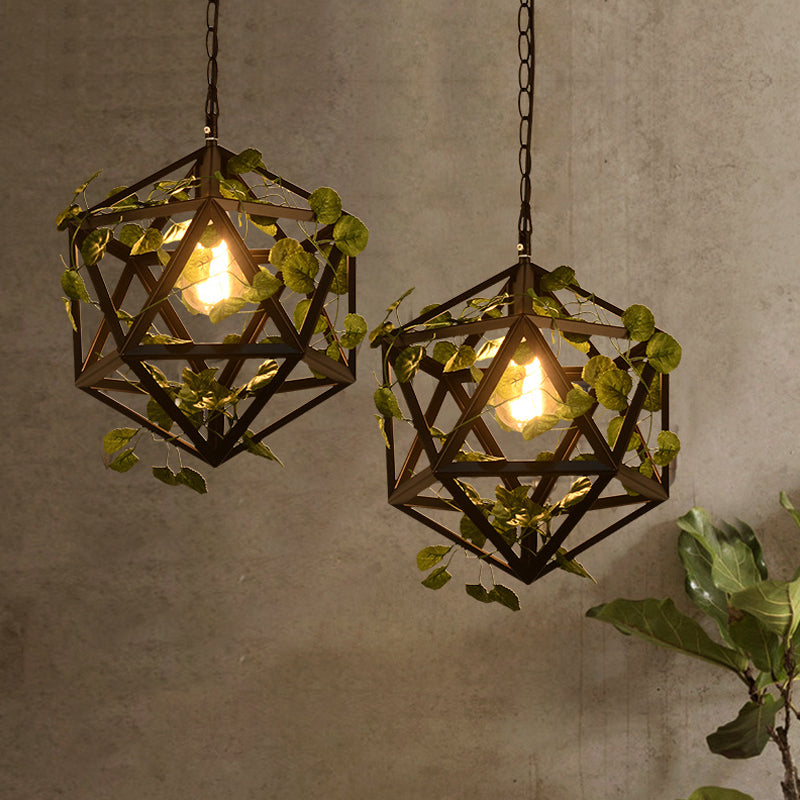 Iron Polyhedron Cage Pendant Light Antique Single Restaurant Plant Hanging Light Fixture in Black