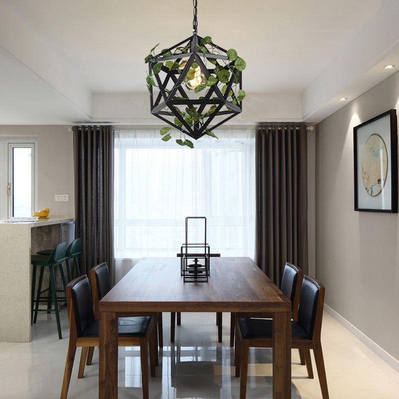 Iron Polyhedron Cage Pendant Light Antique Single Restaurant Plant Hanging Light Fixture in Black
