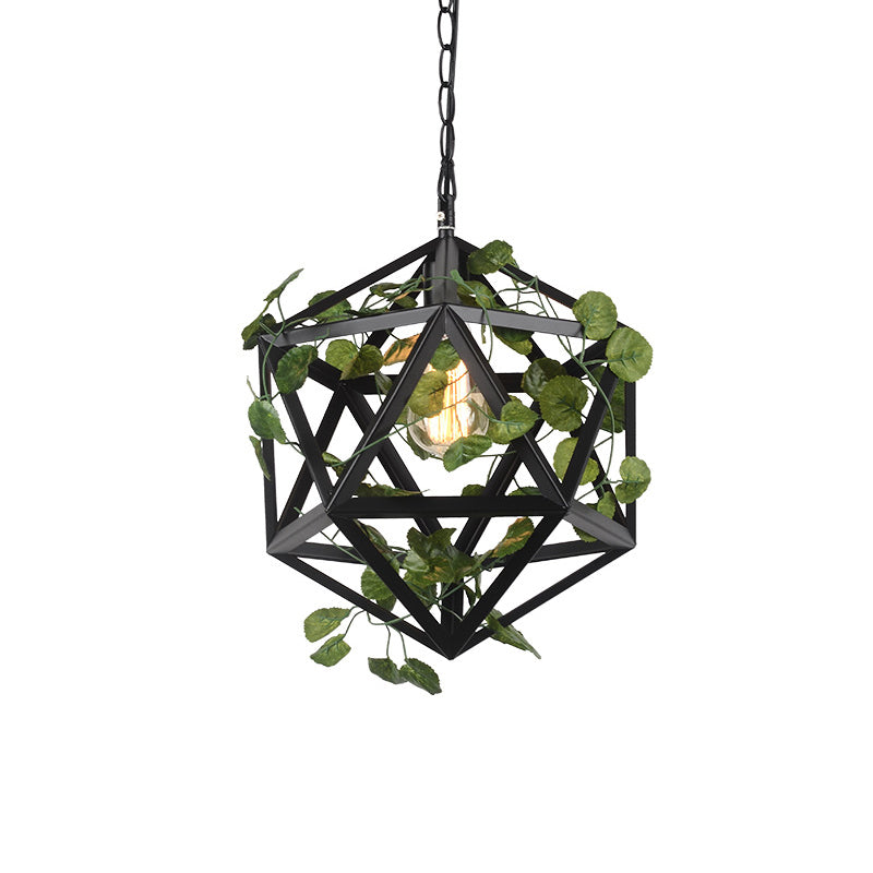 Iron Polyhedron Cage Pendant Light Antique Single Restaurant Plant Hanging Light Fixture in Black