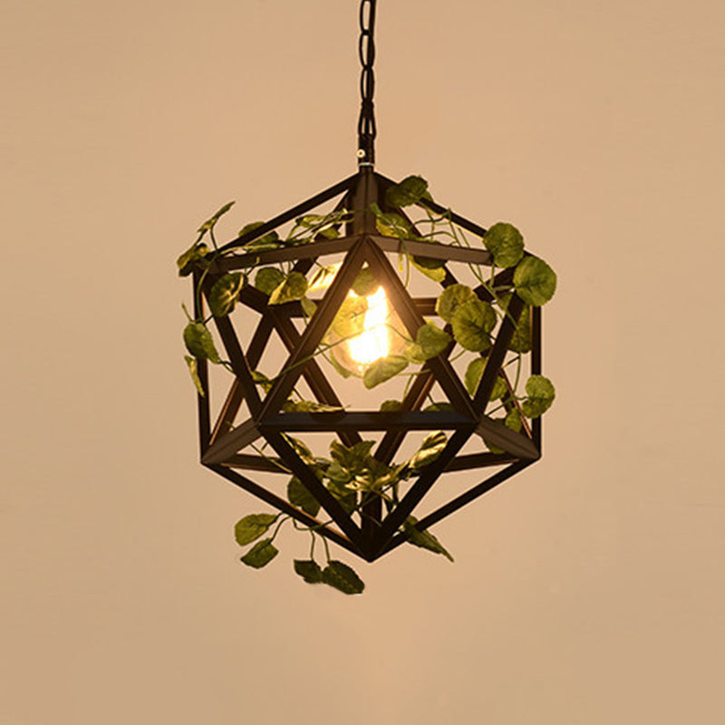 Iron Polyhedron Cage Pendant Light Antique Single Restaurant Plant Hanging Light Fixture in Black