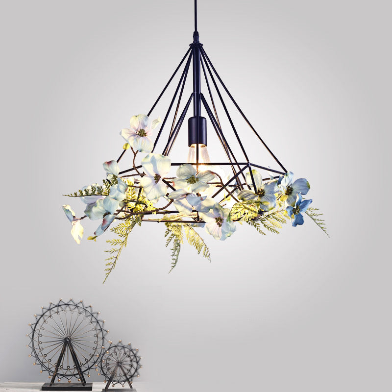 Blue-White Diamond Hanging Light Rustic Metallic 1 Bulb Restaurant Pendant Light Fixture with Artificial Flower
