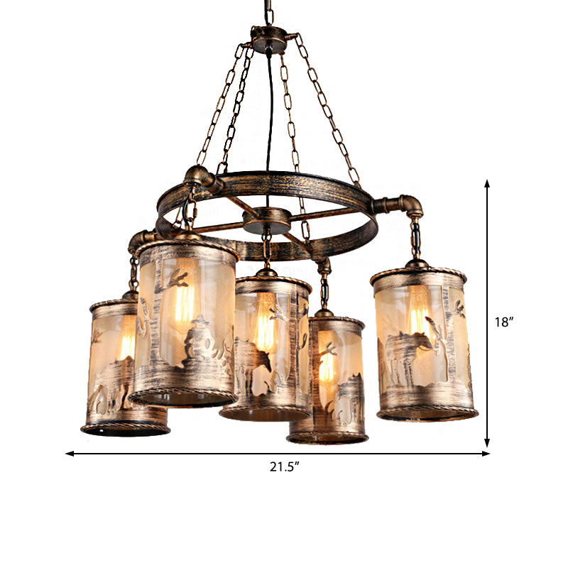 Antiquise Bronze Cylinder Shade Chandelier Lampe Coastal Metal and Fabric 5/7 Lumières Salon Hanging Light