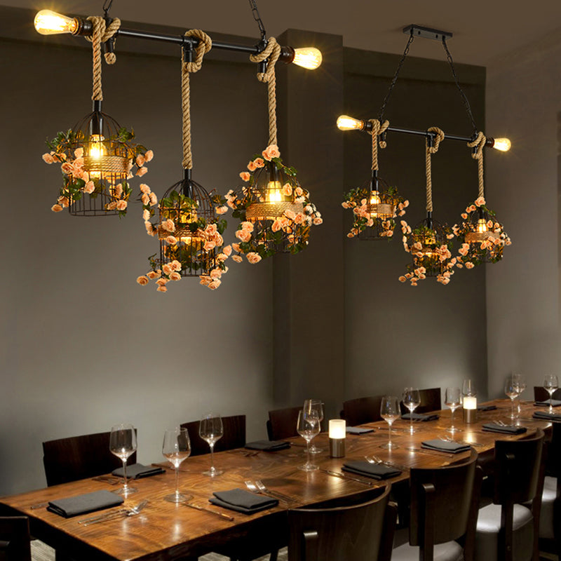 Iluminación de lámpara de araña de jaula rosa luz de restaurante de hierro industrial luz colgante con flor de cerezo artificial