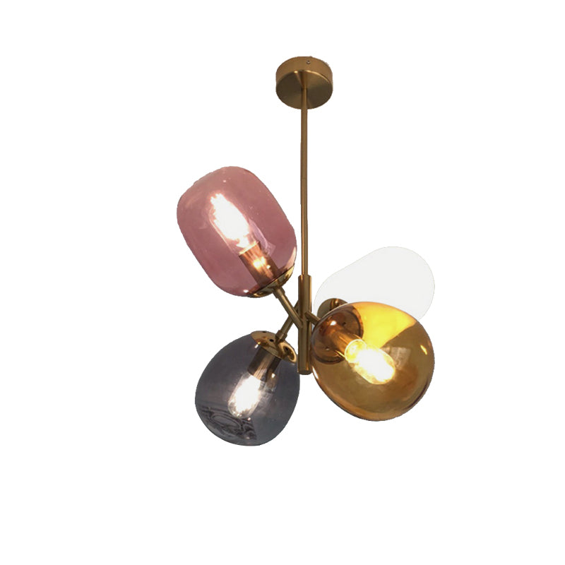 Brass Round Pendant Lighting Traditional Colorful Glass 4 Lights Living Room Chandelier with Sputnik Design