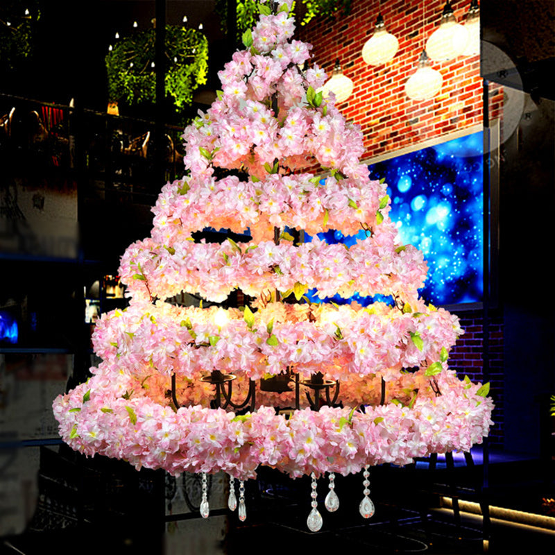 Éclairage de lustre en fer conical rétro 14 têtes Restaurant Pendant la lumière avec une fleur de cerisier artificielle