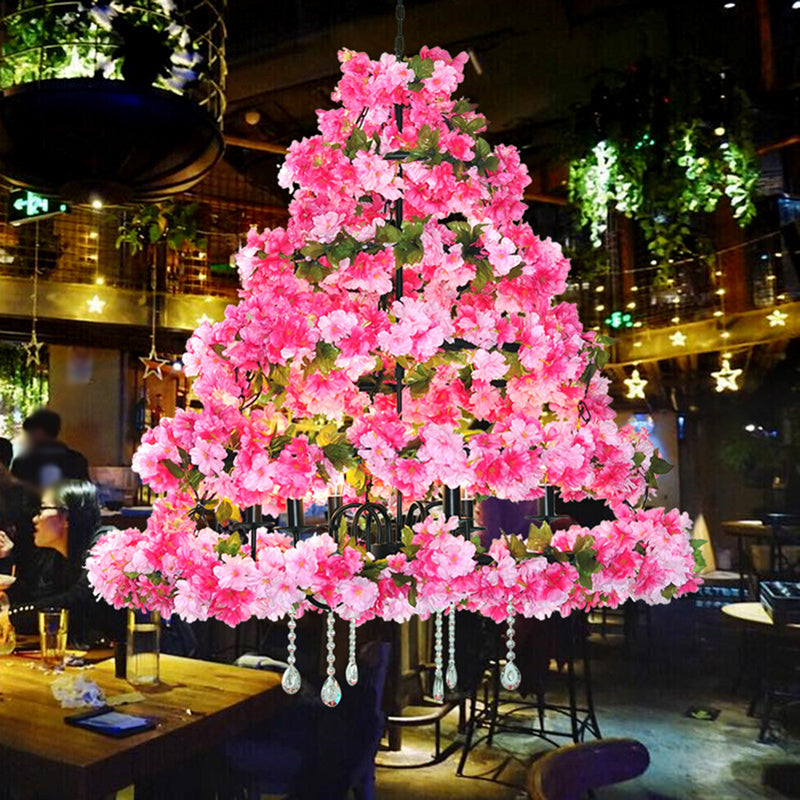 Éclairage de lustre en fer conical rétro 14 têtes Restaurant Pendant la lumière avec une fleur de cerisier artificielle