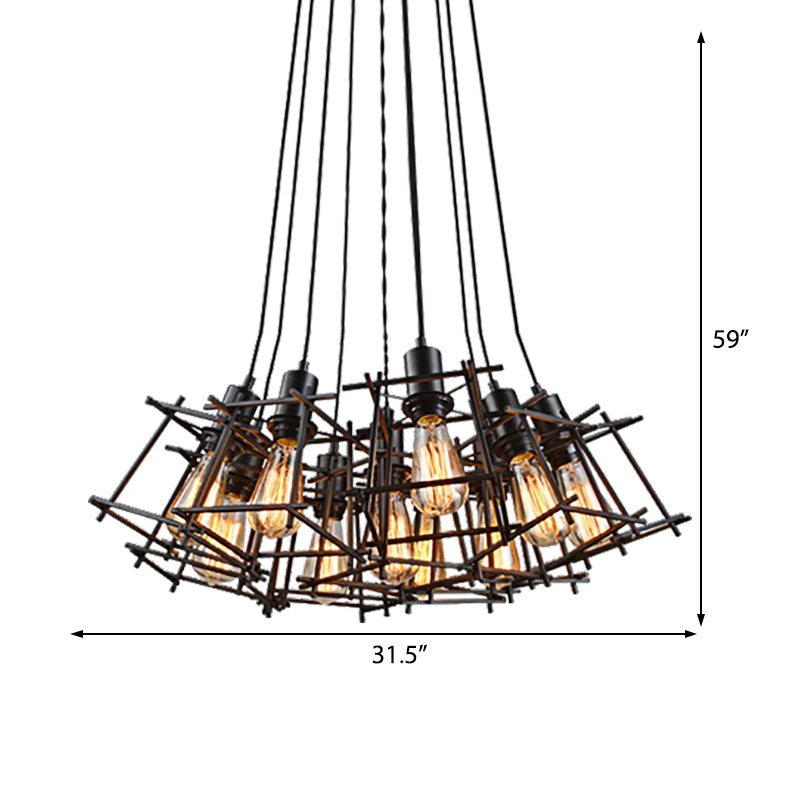 Metal Square Caged Hanging Chandelier Industrial 10-Light Dining Room Pendant Light in Black