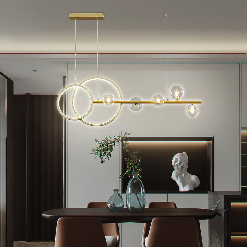 Moderno a ciondolo lineare e anello LED Light Metal Dining Room Isola sospesa con tonalità in vetro trasparente