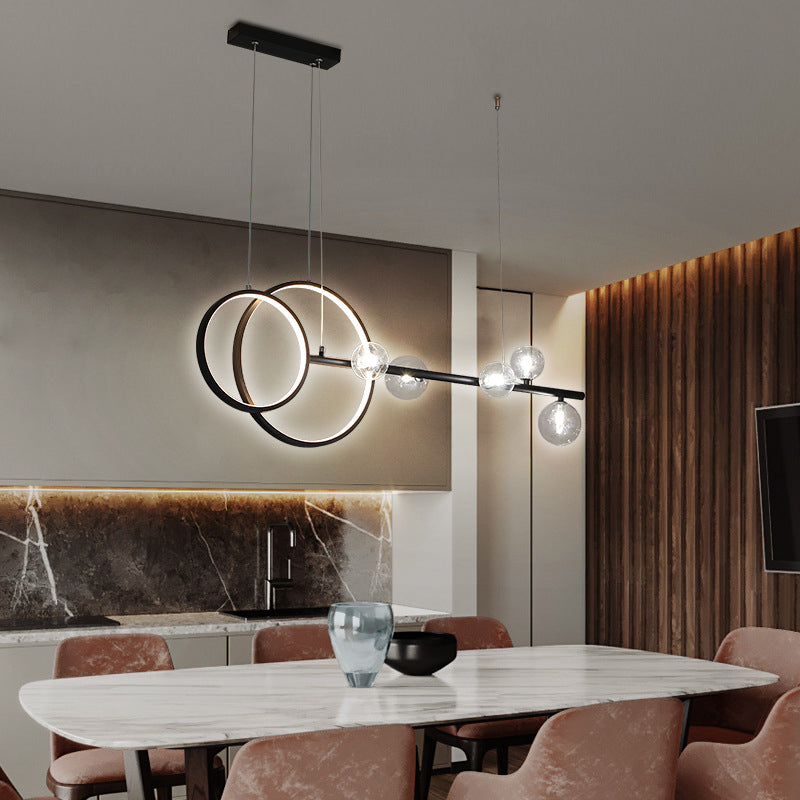 Moderno a ciondolo lineare e anello LED Light Metal Dining Room Isola sospesa con tonalità in vetro trasparente