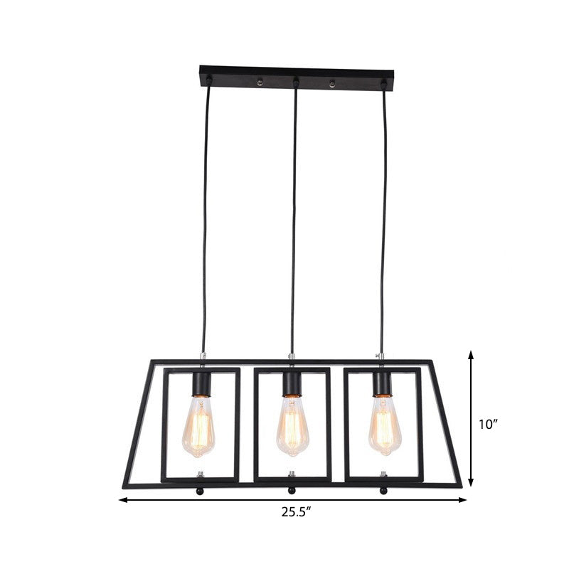 Trapezoid Frame Metal Hanging Pendant Industrial 3 Light Kitchen Island Light Fixture in Black with Rectangle Shade