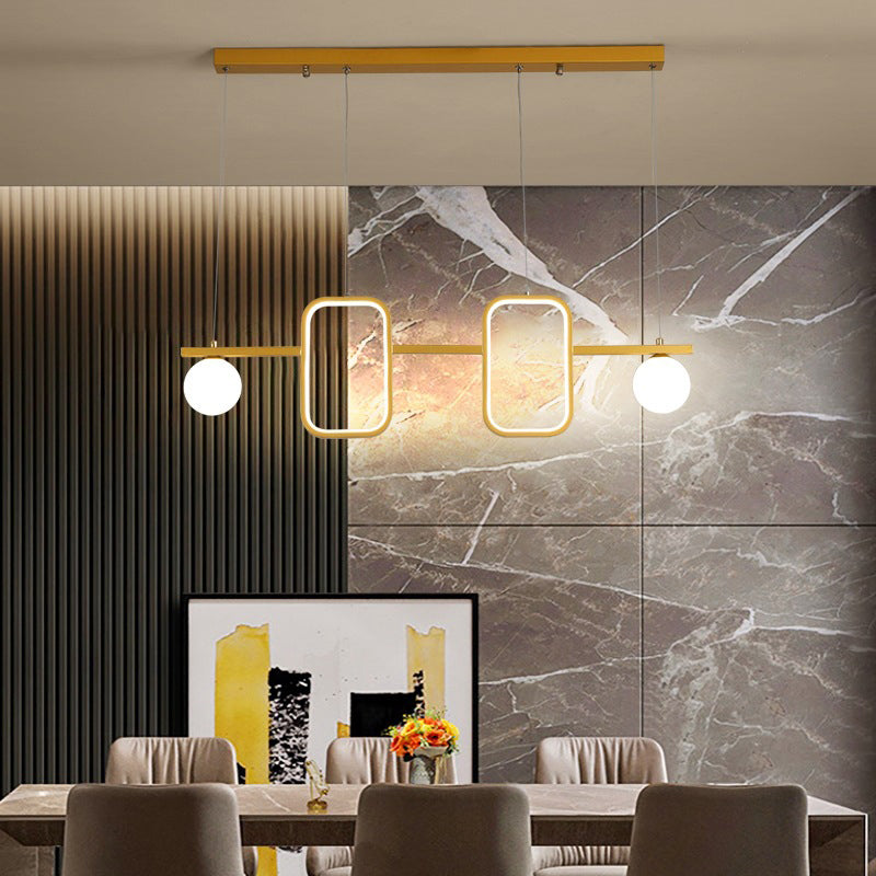Symmetrical Geometric LED Hanging Light Minimalist Metal Dining Room Island Ceiling Light with Cream Glass Shade