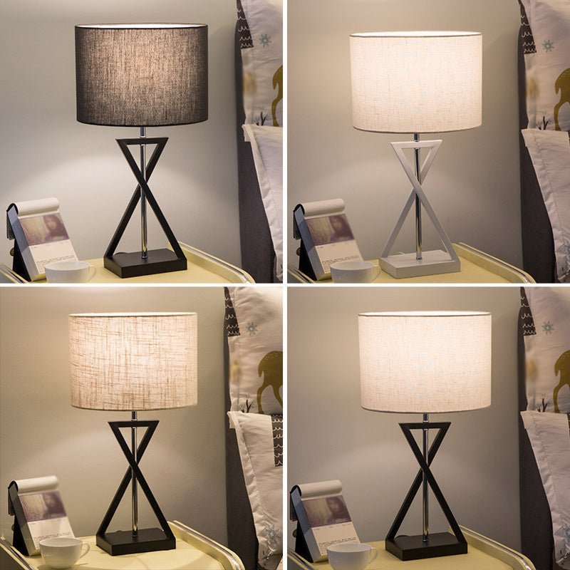 Drum Nightstand Lamp Simplicity Fabric Single Bedside Table Light with Hourglass Shaped Base