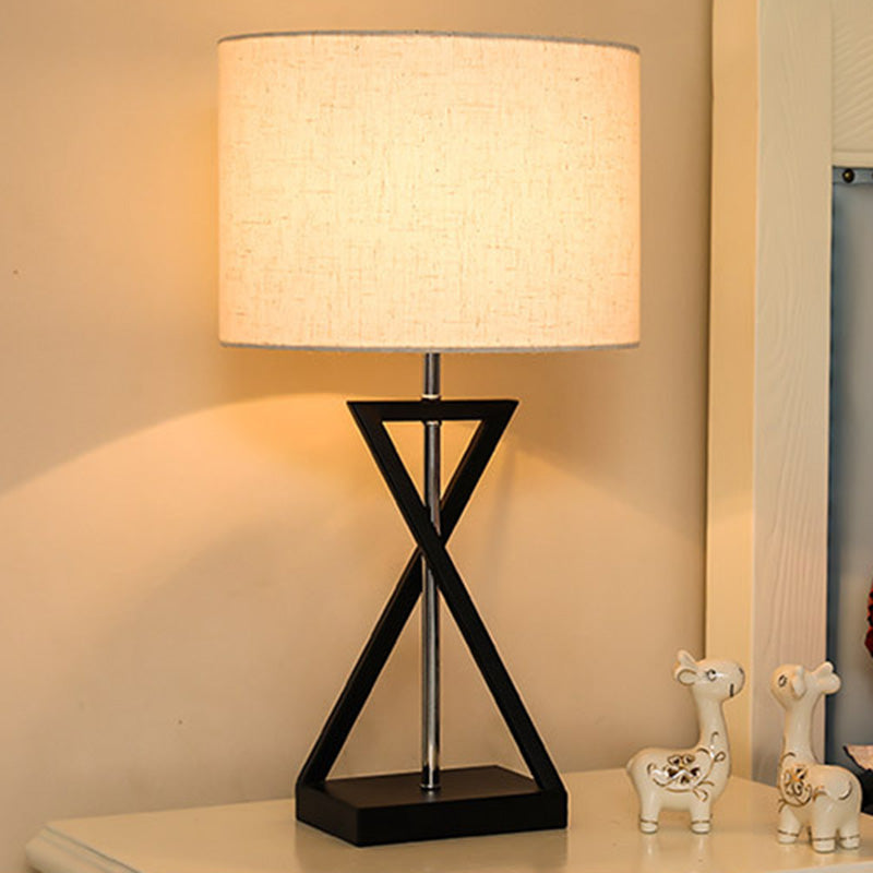 Drum Nightstand Lamp Simplicity Fabric Single Bedside Table Light with Hourglass Shaped Base