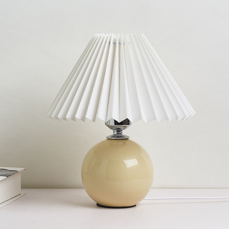 Globe Bedside Table Lamp Ceramic Modern Nightstand Lighting with Conical Pleated Shade