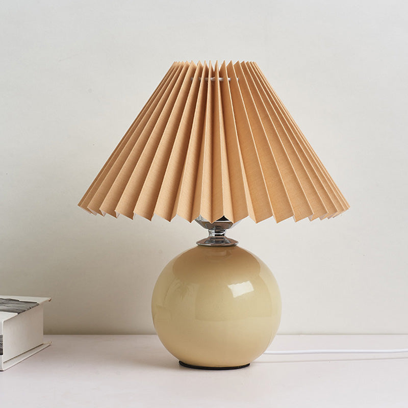 Globe Bedside Table Lamp Ceramic Modern Nightstand Lighting with Conical Pleated Shade