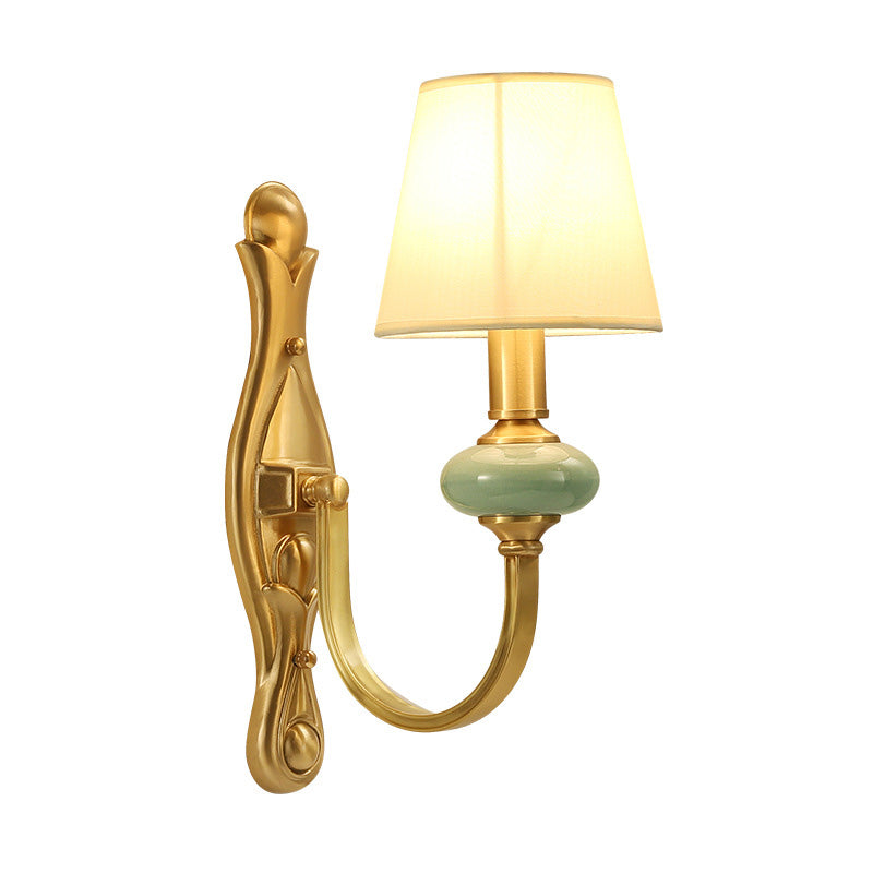 Contemporary Tapered Shape Sconce Fabric Single-Bulb Living Room Wall Light Fixture with Arc Arm in Gold