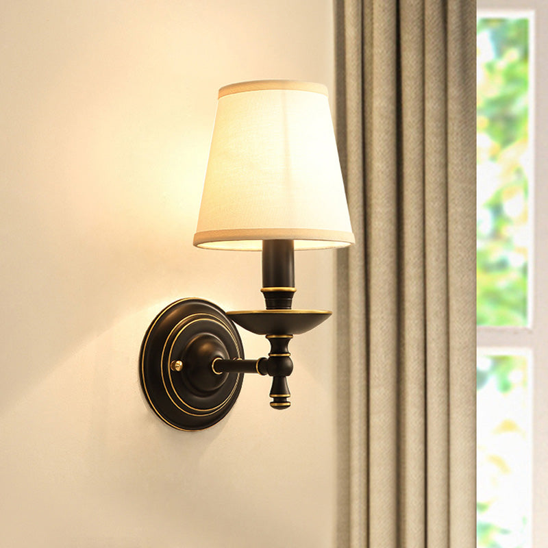 Single-Bulb Wall Sconce Vintage Candlestick Metal Wall Mounted Lamp with Tapered Fabric Shade in Black